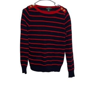 RALPH LAUREN, red and black sweater in a medium. Made of 100% cotton.